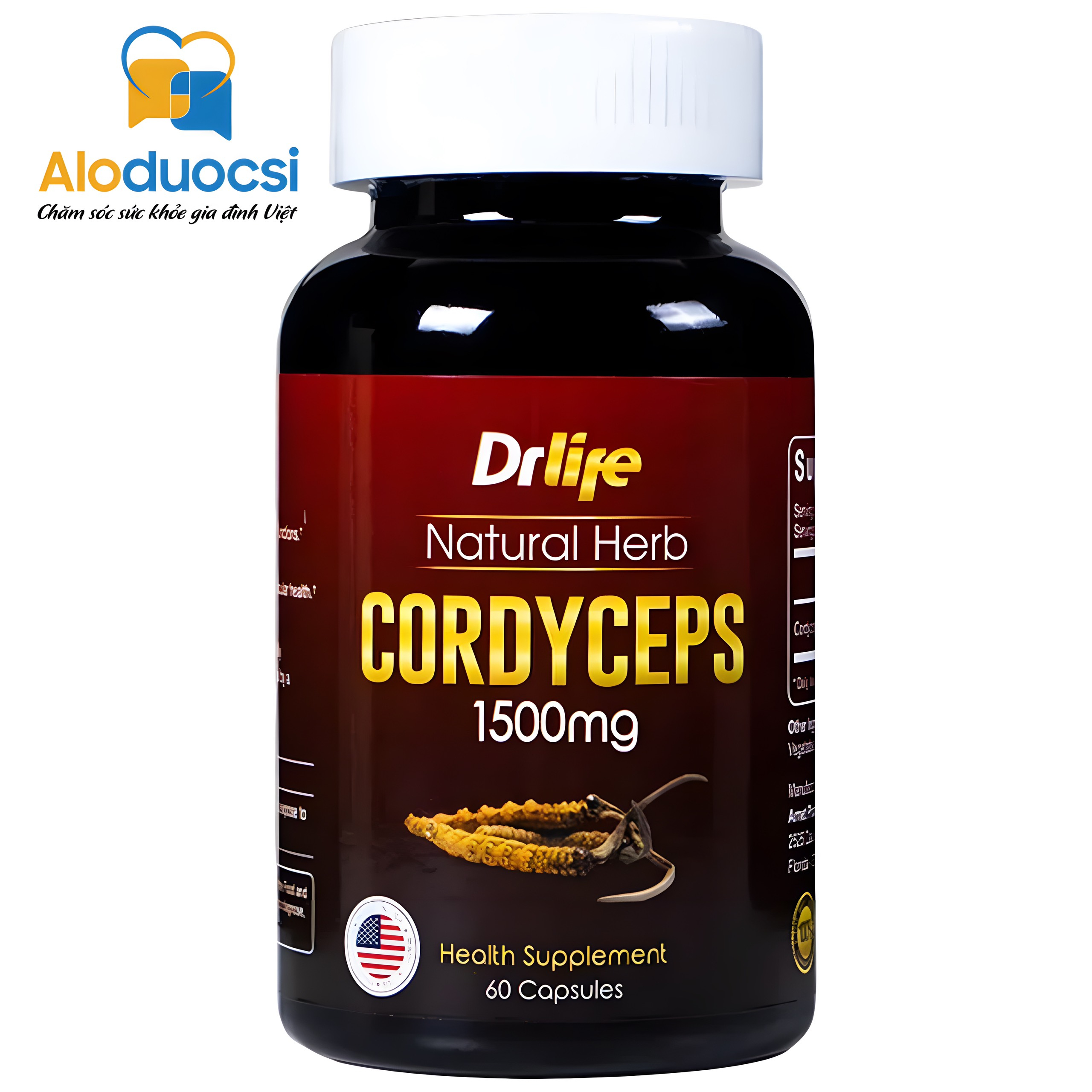 Viên uống Drlife Natural Herb Cordyceps 1500mg Arnet Pharmaceutical giúp bổ phổi, bổ thận (60 viên)